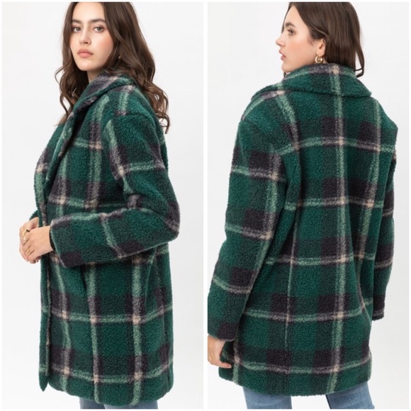 Oversized plaid button Sherpa down coat - Picture 2 of 5
